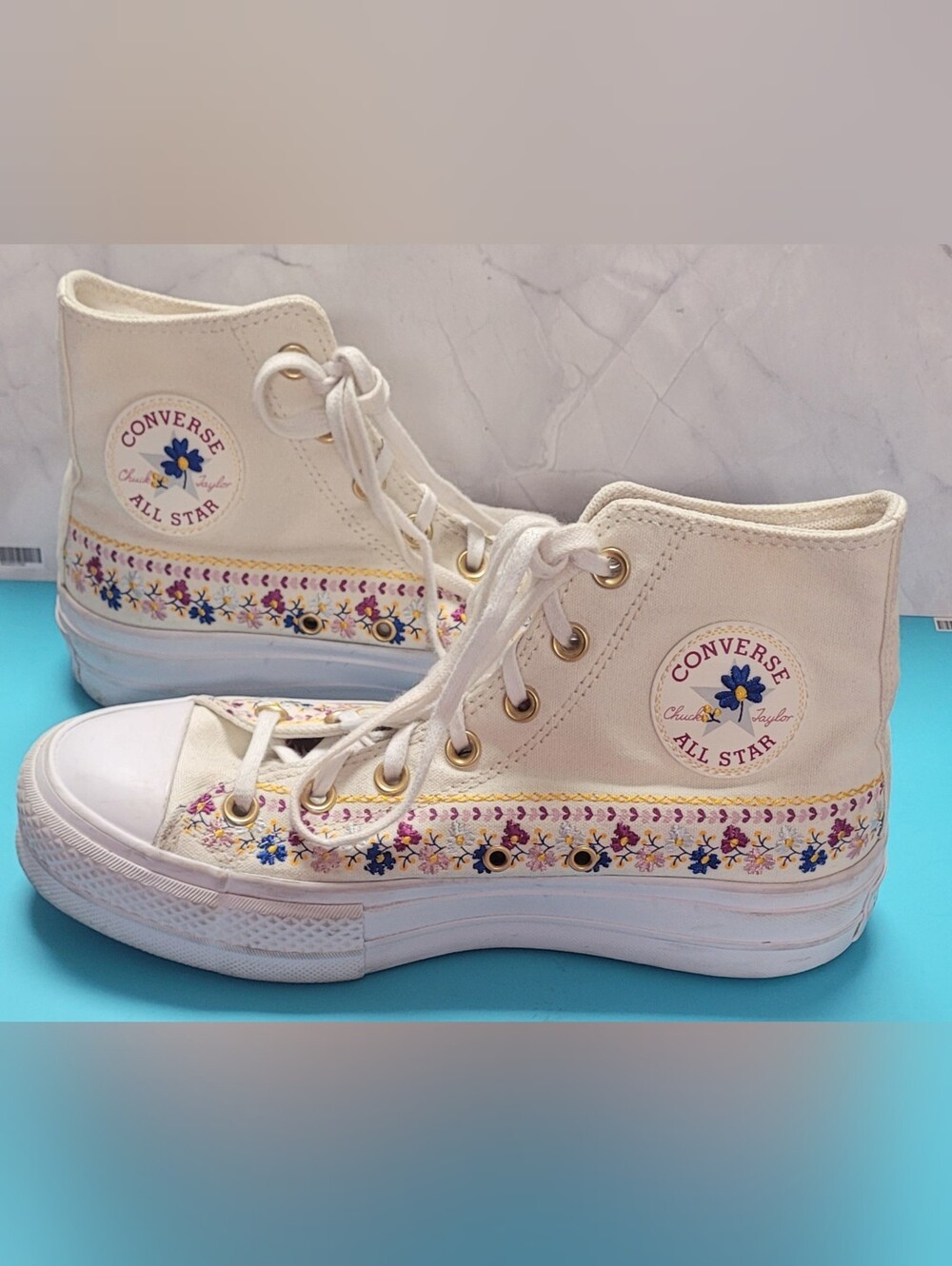 Converse All Star Women's Lift High Sneakers in Cream with Floral Embroidery